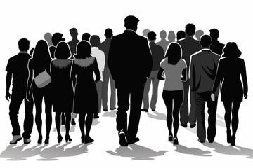 silhouette of crowd people from back, monochrome, one color, full body