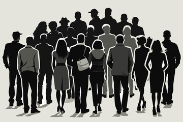 silhouette of crowd people from back, monochrome, one color, full body