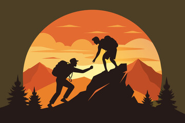 Silhouette of hikers. one Man is giving helping hand to another one man  climbing on mountain at sunset