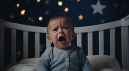 Crying Baby in Crib with Night Lights