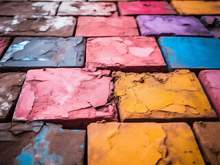 Vibrant earth paving slabs powdered with dry colors at Holi festival
