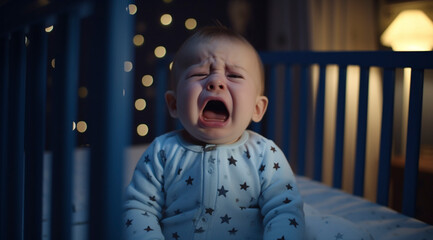 Crying Baby in Crib with Night Lights