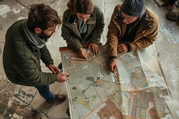 Three men are closely inspecting a map, using rulers to plan urban developments together