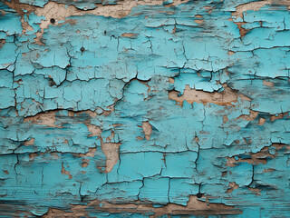 Close-up texture of brown wooden surface with peeling turquoise paint