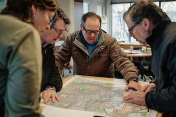 Group of men standing together, examining a detailed map during an urban planning meeting - obrazy, fototapety, plakaty