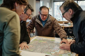Fotobehang Group of men standing together, examining a detailed map during an urban planning meeting © Ilia Nesolenyi