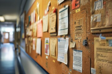 A bulletin board covered in numerous papers pinned to it, showcasing a variety of information and announcements