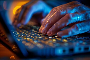 A detailed view of a persons hands typing on a laptop keyboard, focusing on the act of typing - obrazy, fototapety, plakaty