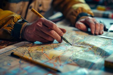 Close-up shot of hands writing on a map with a pencil, focusing on details of the action