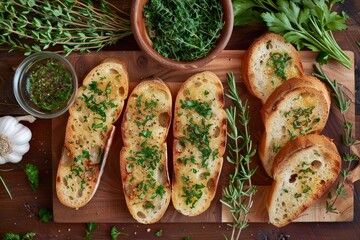 Toasted garlic bread slices arranged on a wooden cutting board with fresh herbs