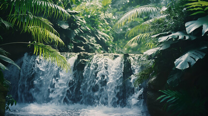 Hidden away in a dense tropical jungle, a cascade of waterfalls creates a serene and untouched natural oasis, inviting a sense of peace and rejuvenation - obrazy, fototapety, plakaty