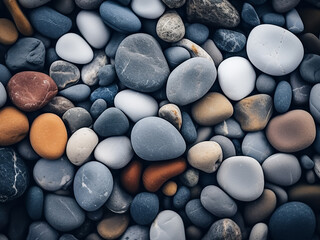 Beach background adorned with colored granite pebbles, mingling with sand and lapped by waves