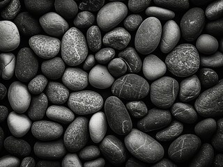 Close-up monochrome texture of seashore stones, creating a natural abstract backdrop
