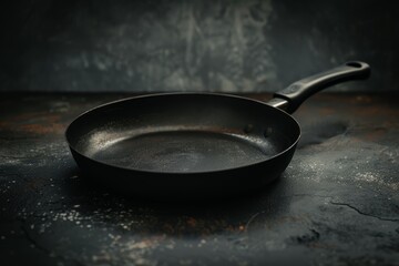 A side angle view of an empty frying pan placed on top of a table
