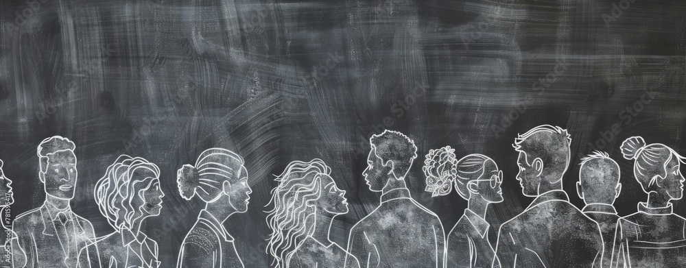 Poster a group of people are depicted in a line drawing on a chalkboard background generative ai