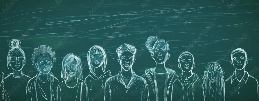 Poster a group of people are depicted in a line drawing on a chalkboard background generative ai