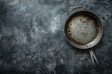 Top-down view of an empty frying pan with a handle, placed on a gray stone table
