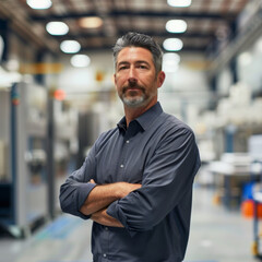 Obraz premium Man stands in factory with his arms crossed.