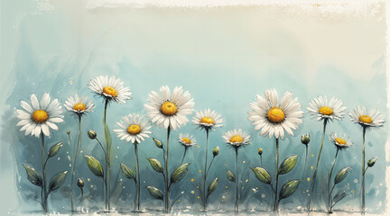 Watercolor like sketch illustration of delicate white daisy flowers in bloom on a subdued and faded blue minimal background - delightful spring environment and nature art. - obrazy, fototapety, plakaty