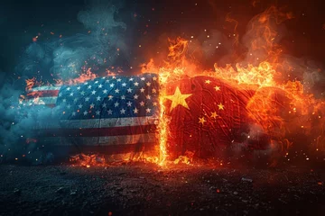 Fotobehang Confrontation visualized: American and Chinese flags on fire © Oleksandr