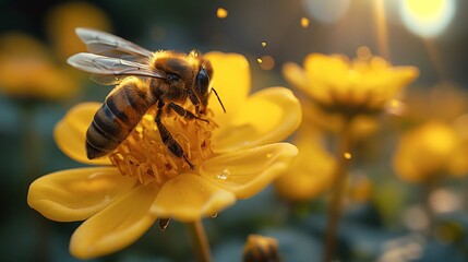 Honey bees collect nectar from dandelion flowers in the summertime. Useful photo for design or web banner  Generate AI