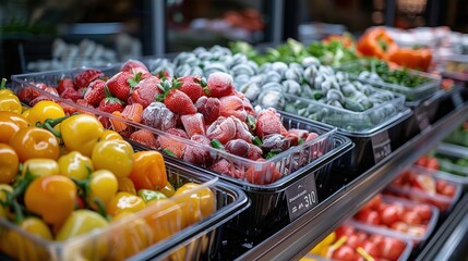 Fresh and frozen vegetables and meat in deli case at grocery store