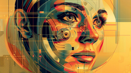A retro-futuristic graphical vector face with vintage styling and futuristic technology, evoking a sense of nostalgia for a bygone era.