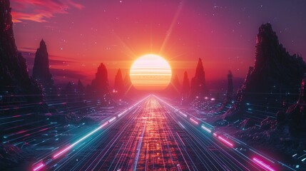 Retro-Wave Euphoria  A euphoric and uplifting synthwave composition that captures the exhilaration of a retro-futuristic utopia, with soaring melodies and pulsating rhythms - obrazy, fototapety, plakaty