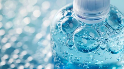 Close-up of a refreshing dental mouthwash bottle with vibrant blue liquid - obrazy, fototapety, plakaty