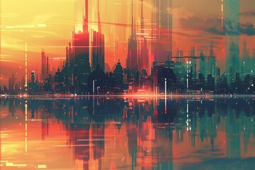 Tech reflecting in a futuristic skyline - obrazy, fototapety, plakaty