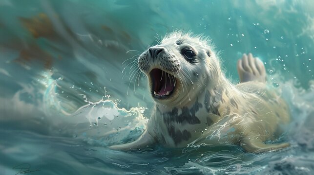 Tell a story about a baby seal pup barking playfully as it learns to swim in the chilly ocean waters