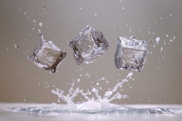 Ice cubes falling with a dynamic splash on a serene grey background.