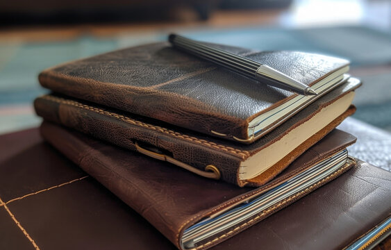 Three leather journals and pen on top of each other