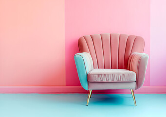 Retro armchair in pink and blue pastels on a dual-tone pink background. Vintage-style chair with golden legs on a pink and blue gradient. Classic velvet armchair in pink and blue