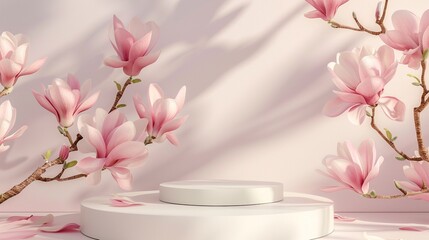 Fototapeta na wymiar Spring minimal design pink product display podium on magnolia blossom pastel pink background, trendy modern graceful display scene for cosmetic, feminine product showcase.