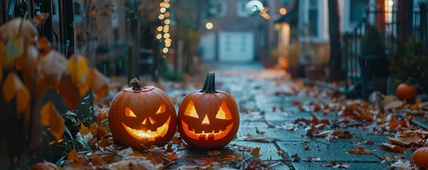  Two scary glowing Jack O Lantern Halloween pumpkin decorations at dusk outside on a suburban street pavement, copy space. © Jasper W