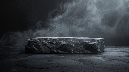Rough black stone product display podium on dark black smoky background, mock up showcase of men's products, tough and strong, scary and mysterious abstract grunge natural industrial background.