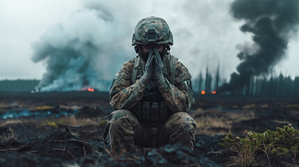 A tired soldier crouched on the ground, face in hands, against a backdrop of smoke and flames.