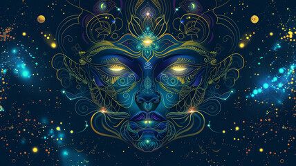 A celestial guardian graphical vector face with celestial motifs and divine radiance, protecting...