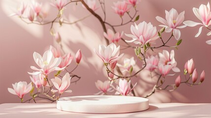 Spring minimal design pink product display podium on magnolia blossom pastel pink background,...