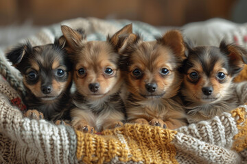 Four cute chihuahua puppies are lying in basket