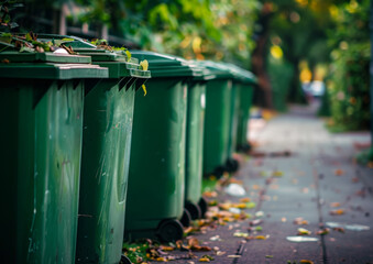 Green recycling bins lined up along sidewalk