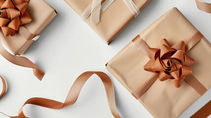 Naklejka premium Several wrapped gifts brown ribbon bows white surface