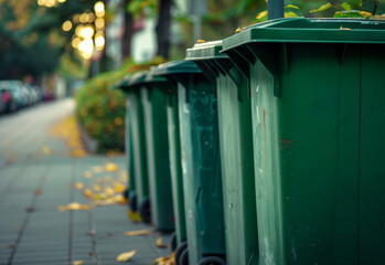 Green garbage bins are lined up along the street - obrazy, fototapety, plakaty