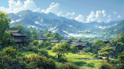 Fototapeta na wymiar A serene and beautifully idealized illustration of an Asian mountain village surrounded by lush green landscapes