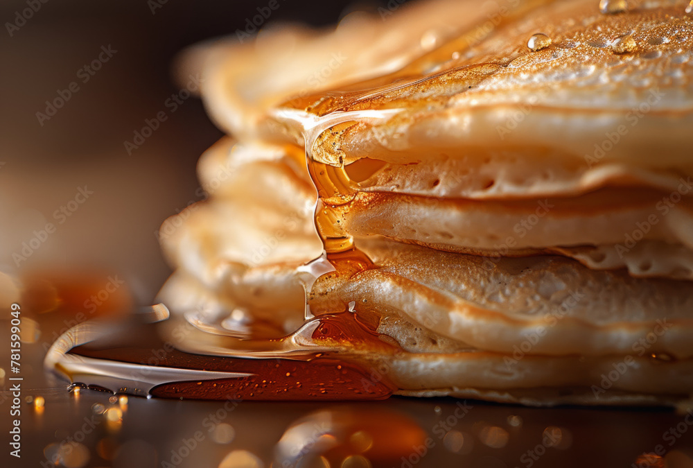 Poster pancakes with honey on dark background