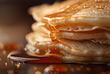 Pancakes with honey on dark background