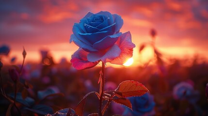 A solitary blue rose blooms vibrantly against a dramatic orange sunset, invoking a sense of fantasy and romanticism balanced with a touch of the surreal
