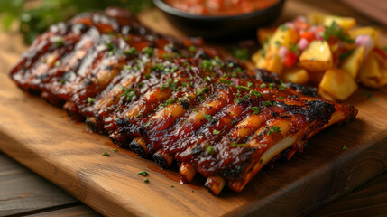 Closeup of pork ribs grilled with BBQ sauce and caramelized in honey. Tasty snack to beer - obrazy, fototapety, plakaty