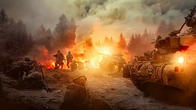 Tanks and infantry fighting in the battlefield of a world war at dawn. An explosion and soldiers fighting in the battle of a war is seen in a wasteland. AI-generated.
